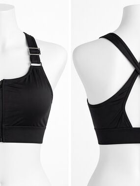 Adjustable Straps Front-Zip Black Sports Bra